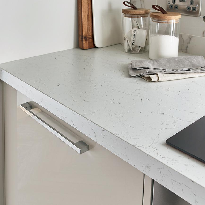 Howdens 3.6m x 38mm Square Edge White and Grey Marble Effect Laminate Worktop